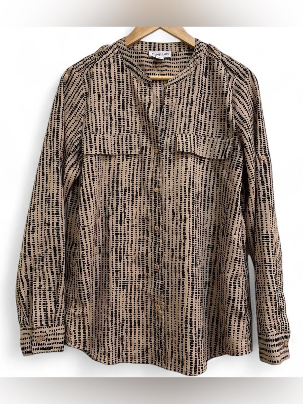 Calvin Klein Beige Tan Black Patterned Button-Up Shirt M